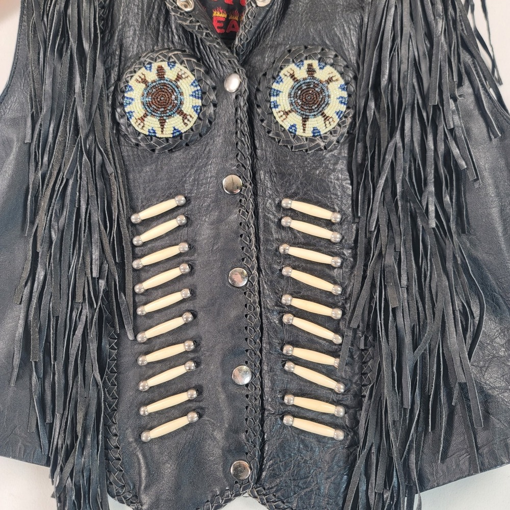 Hot Leathers VTG Womens XL** Leather Fringe Biker Vest Beaded Western Black READ - Picture 8 of 11